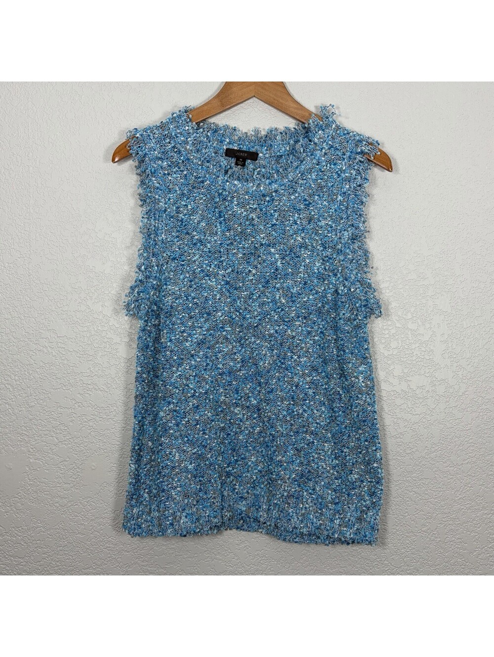 NWT J.Crew Women’s M Sleeveless Knit Sweater Top Blue Fringe Textured Tweed